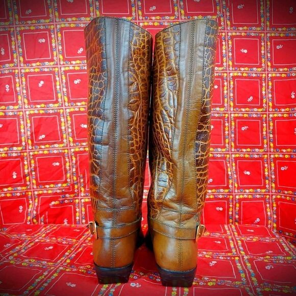 Vtg 1970s DESIGNER Etienne Aigner Alligator 2Tone Brown TALL Riding Boots Sz 7.5 - Picture 6 of 7